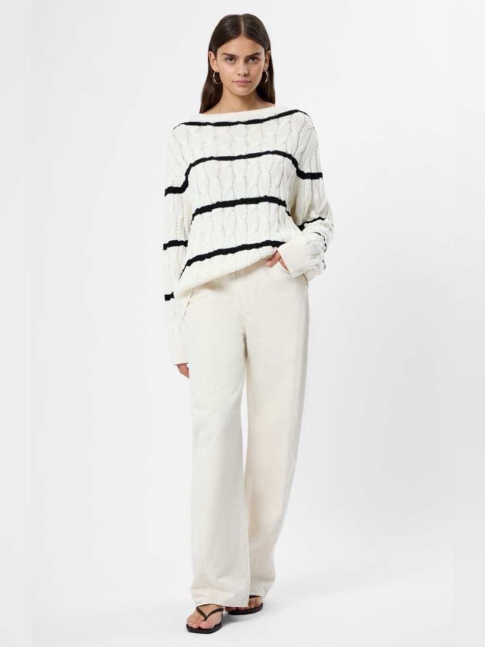French Connection Mozart Stripe Cable Stitch Cotton Boat Neck Sweater